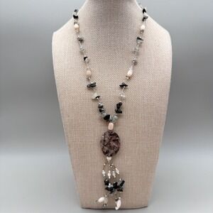 Picasso Jasper Pendant Necklace Tourmalinated Quartz Long Boho Artisan Statement